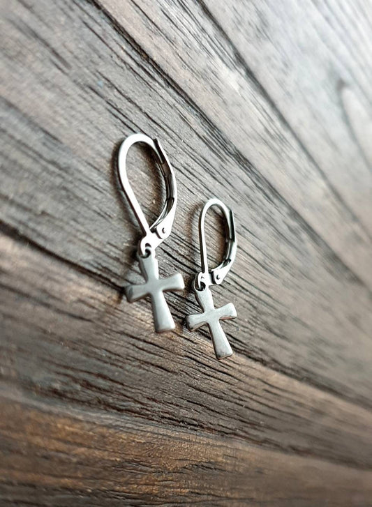 Tiny Cross Leverback Earrings, Stainless Steel Dangle Leverback or Hook Earrings.