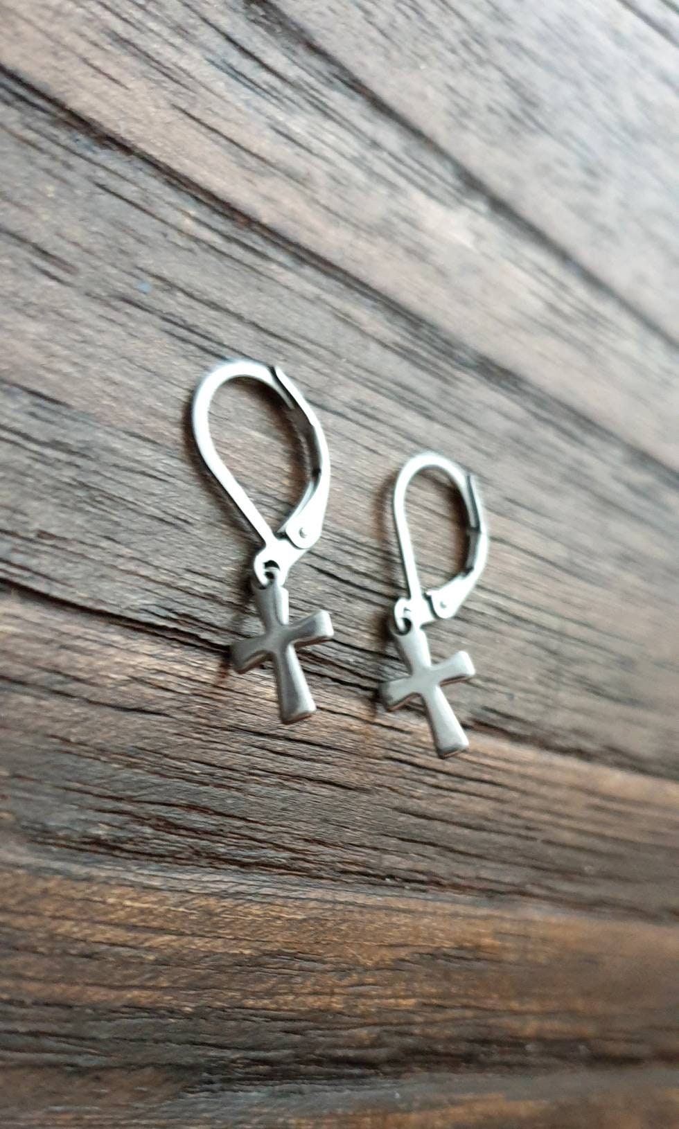 Tiny Cross Leverback Earrings, Stainless Steel Dangle Leverback or Hook Earrings.