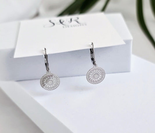 Circle Filigree Silver Earrings, Stainless Steel Dangle Leverback Earrings.