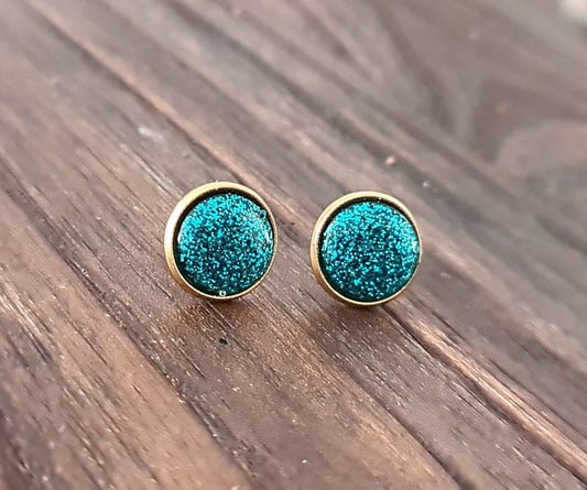 Turquoise Glitter Stud Gold Bezel Earrings, Gold Stainless Steel Earrings 12mm