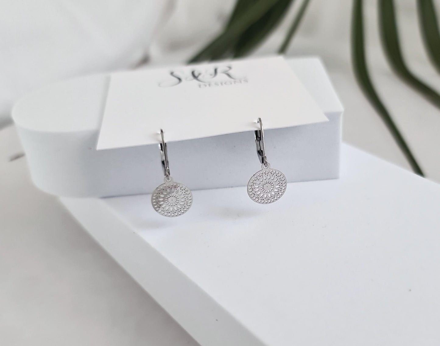 Circle Filigree Silver Earrings, Stainless Steel Dangle Leverback Earrings.