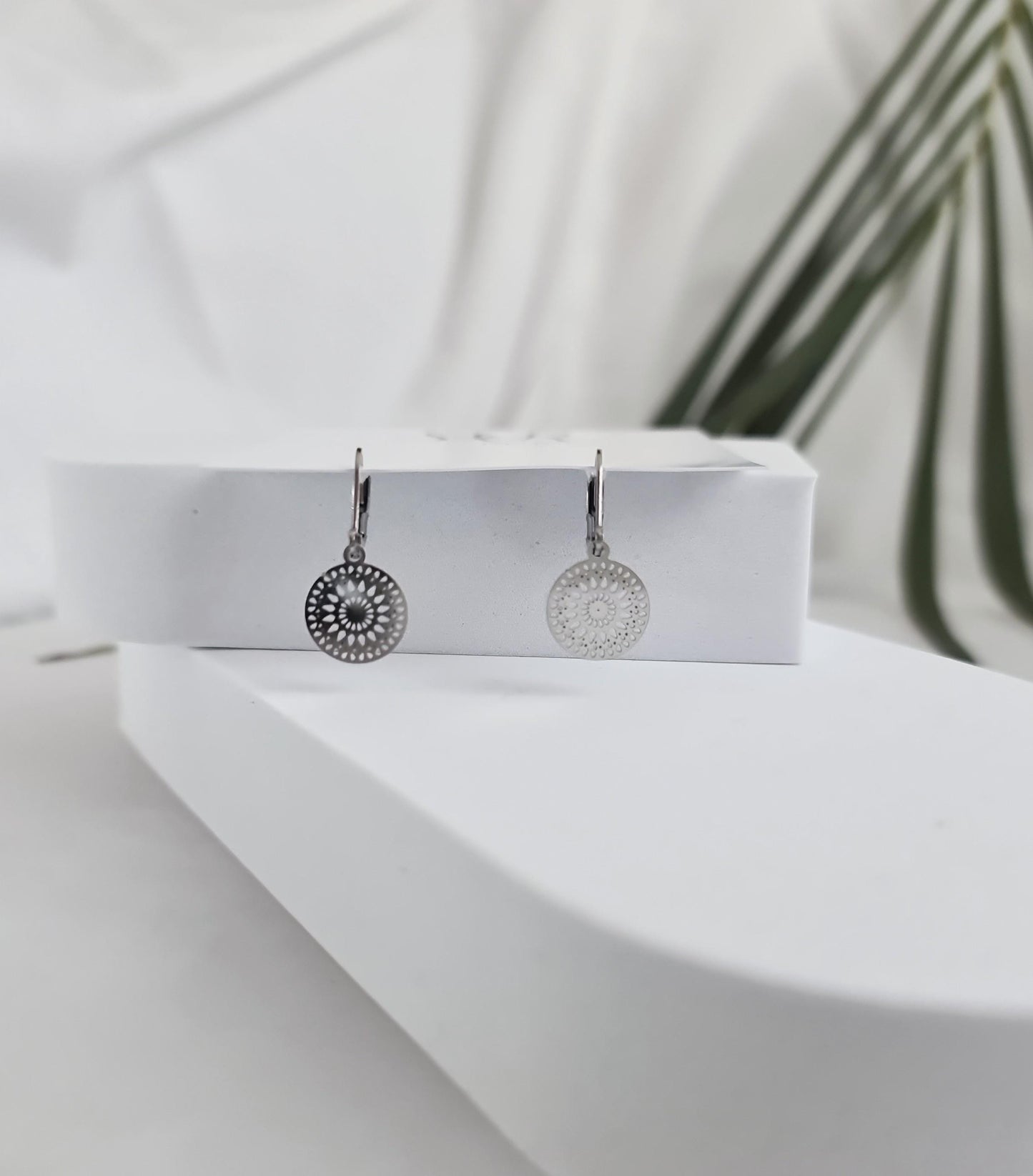 Circle Filigree Silver Earrings, Stainless Steel Dangle Leverback Earrings.