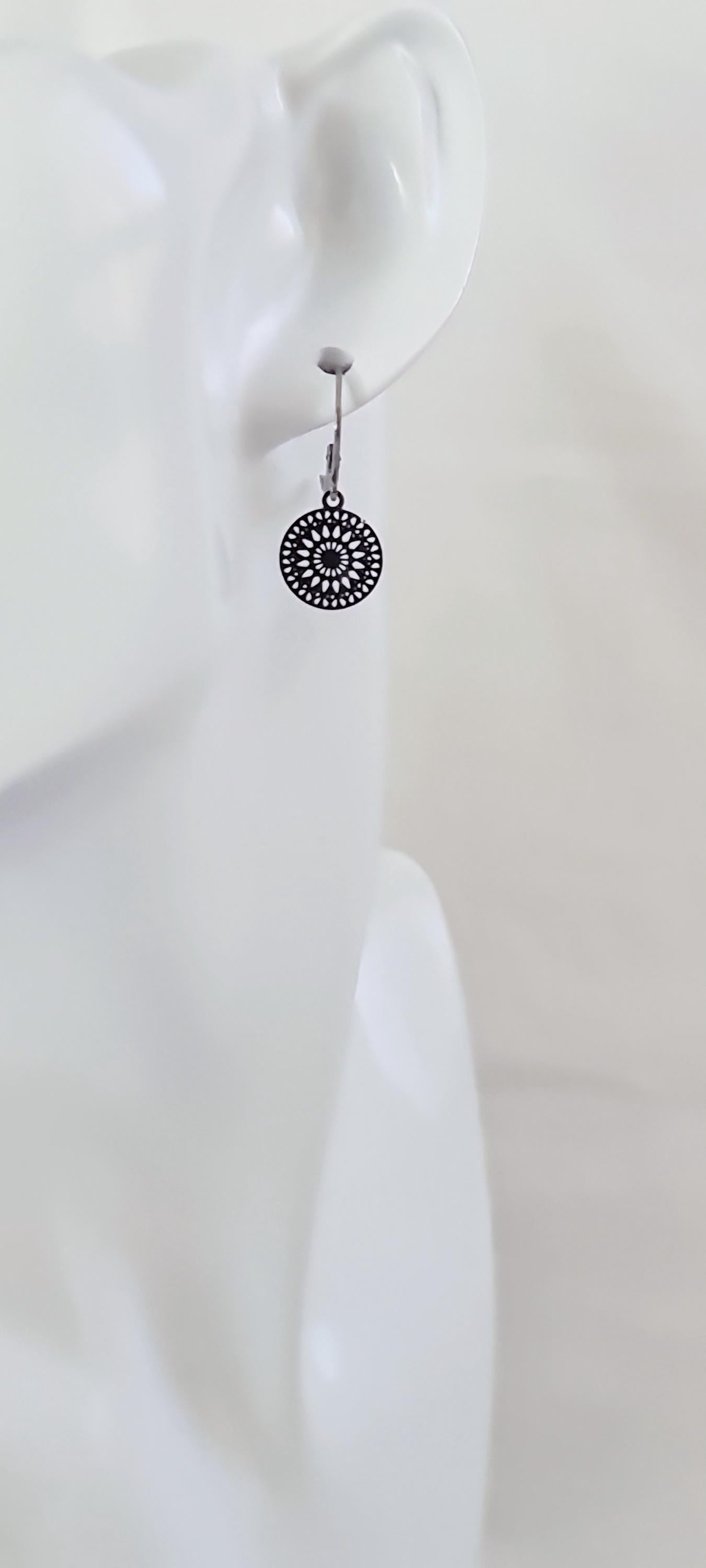 Circle Filigree Silver Earrings, Stainless Steel Dangle Leverback Earrings.