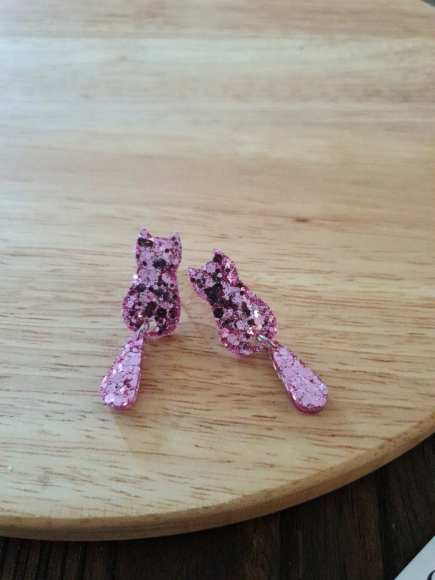 Pink Blush Cat Dangle Earrings, Cat with Moving Tail Long Earrings, Pink Glitter Handmade Resin Earrings, Cat Earrings Stainless Steel.