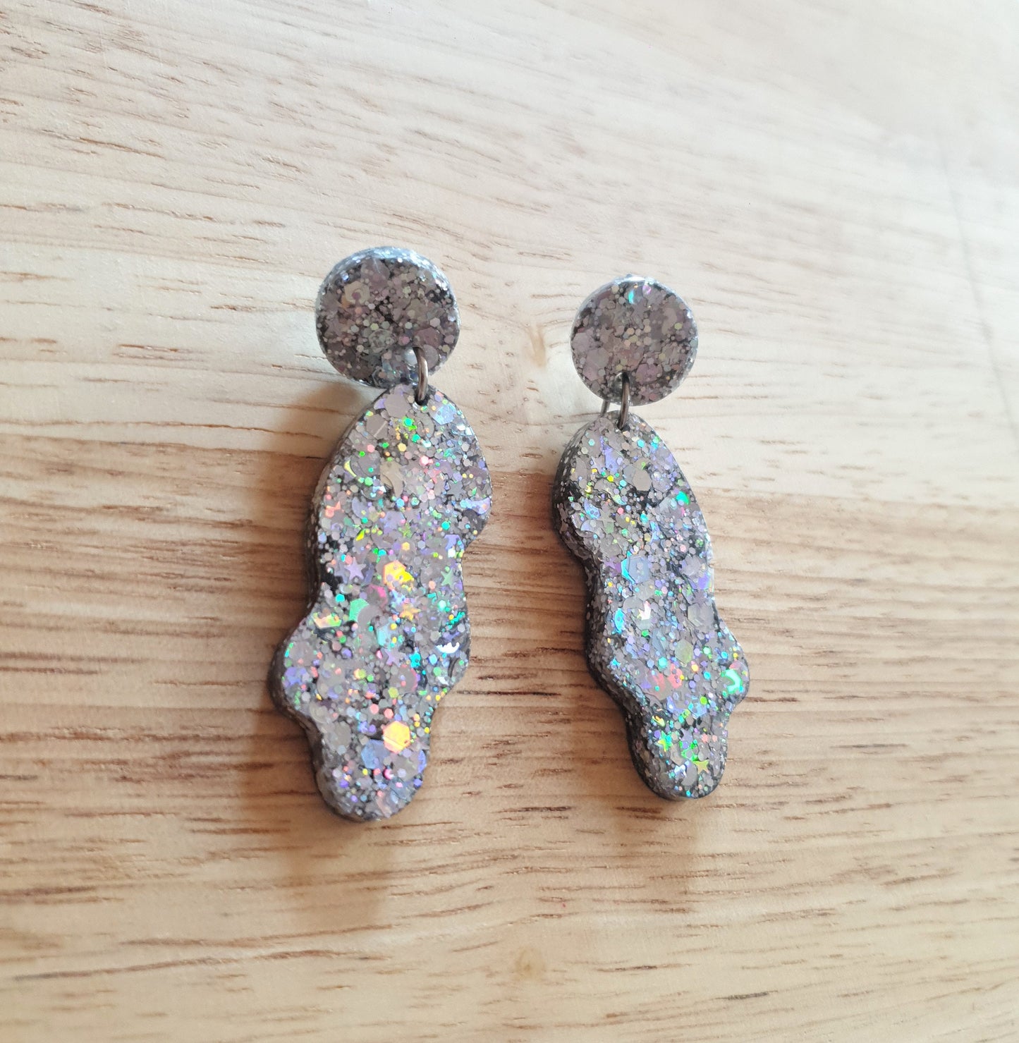 Silver Wave Liquid Shape Dangle Drop Earrings, Silver Holographic Mix Glitter, Statement Handmade Resin Earrings