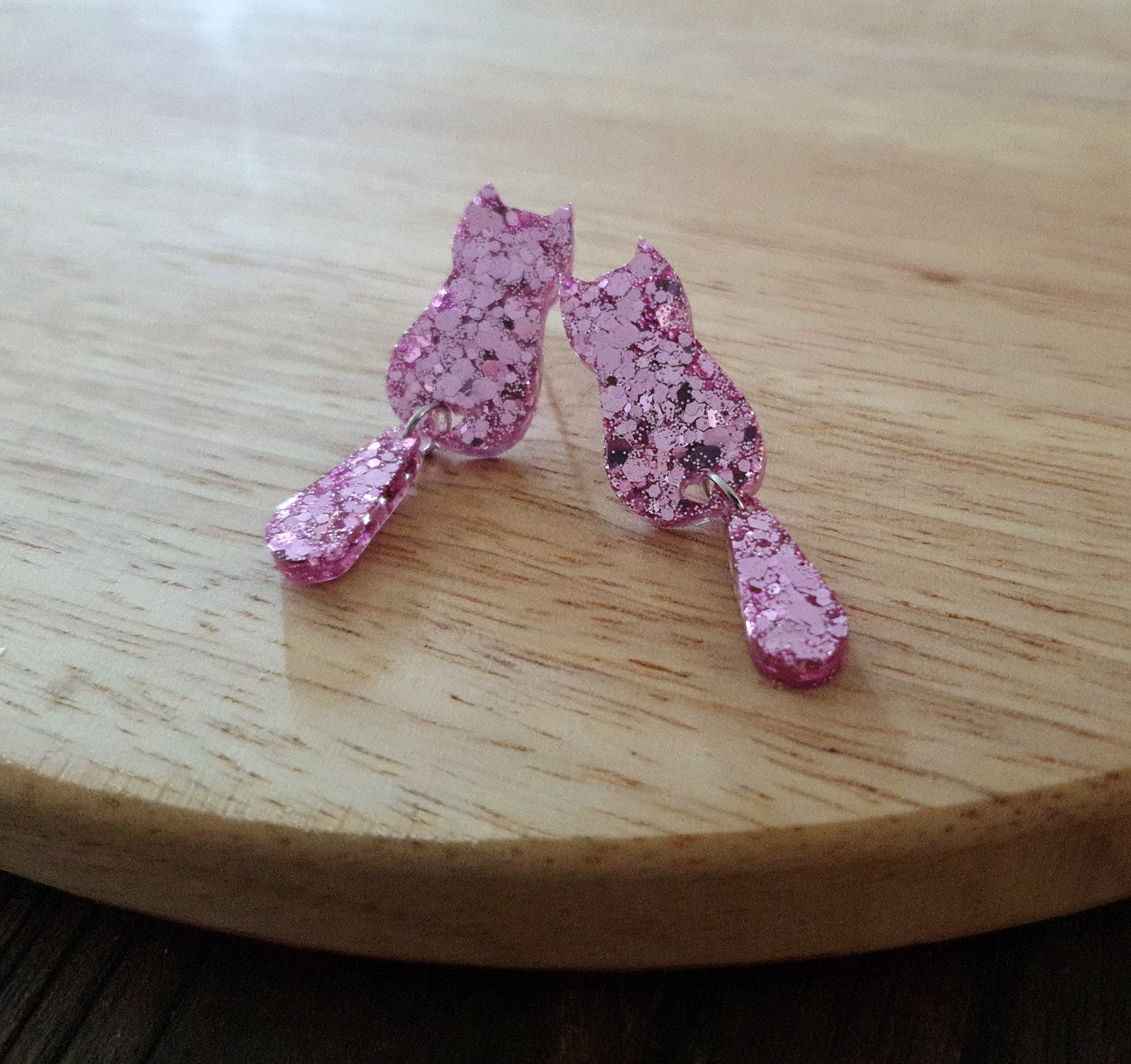 Pink Blush Cat Dangle Earrings, Cat with Moving Tail Long Earrings, Pink Glitter Handmade Resin Earrings, Cat Earrings Stainless Steel.