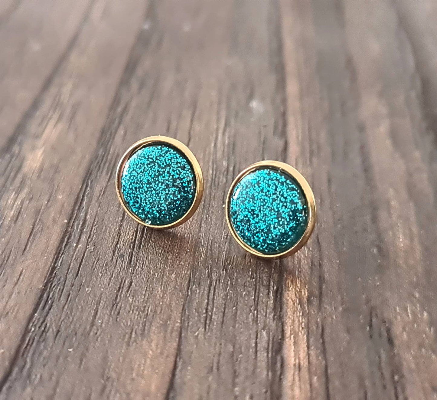Turquoise Glitter Stud Gold Bezel Earrings, Gold Stainless Steel Earrings 12mm