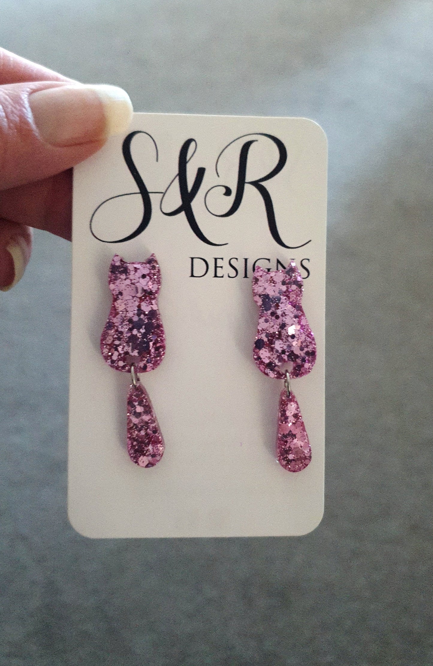 Pink Blush Cat Dangle Earrings, Cat with Moving Tail Long Earrings, Pink Glitter Handmade Resin Earrings, Cat Earrings Stainless Steel.
