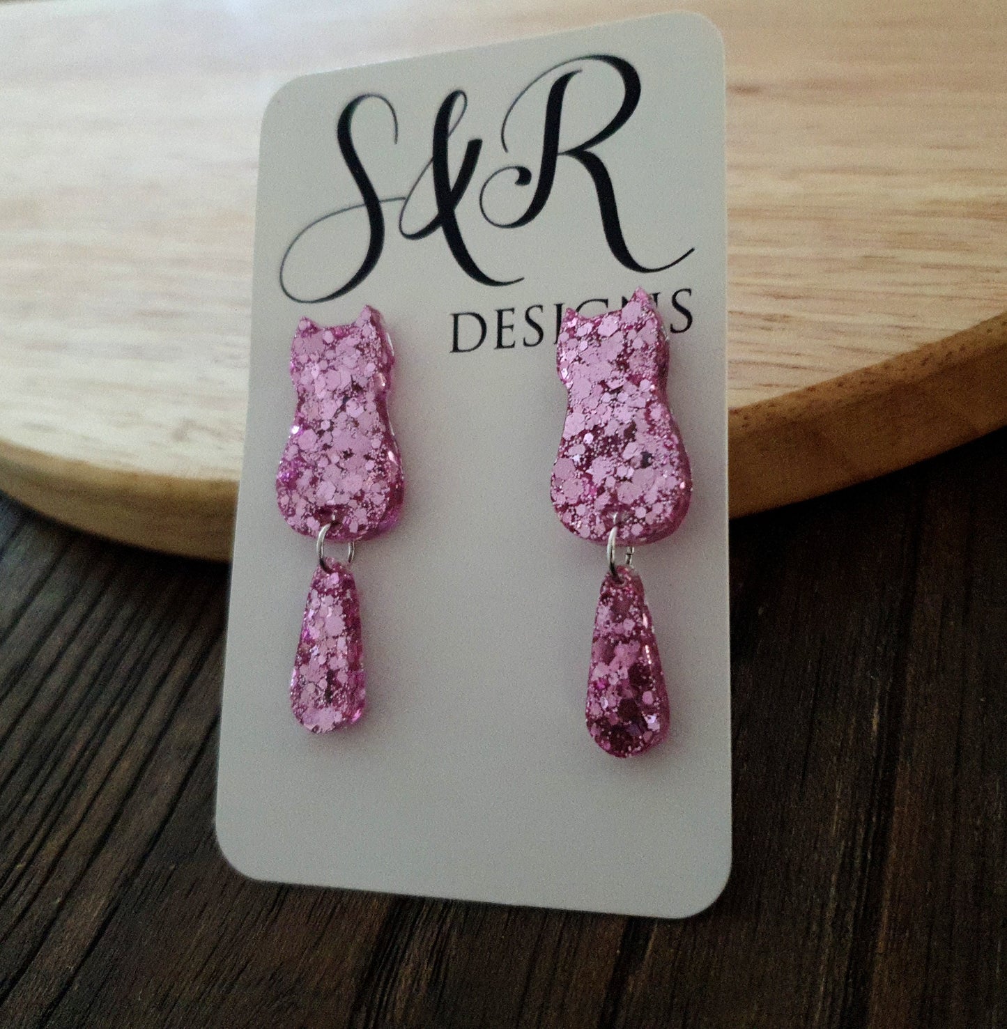 Pink Blush Cat Dangle Earrings, Cat with Moving Tail Long Earrings, Pink Glitter Handmade Resin Earrings, Cat Earrings Stainless Steel.