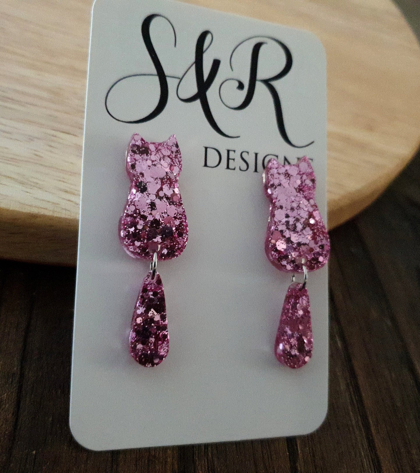 Pink Blush Cat Dangle Earrings, Cat with Moving Tail Long Earrings, Pink Glitter Handmade Resin Earrings, Cat Earrings Stainless Steel.