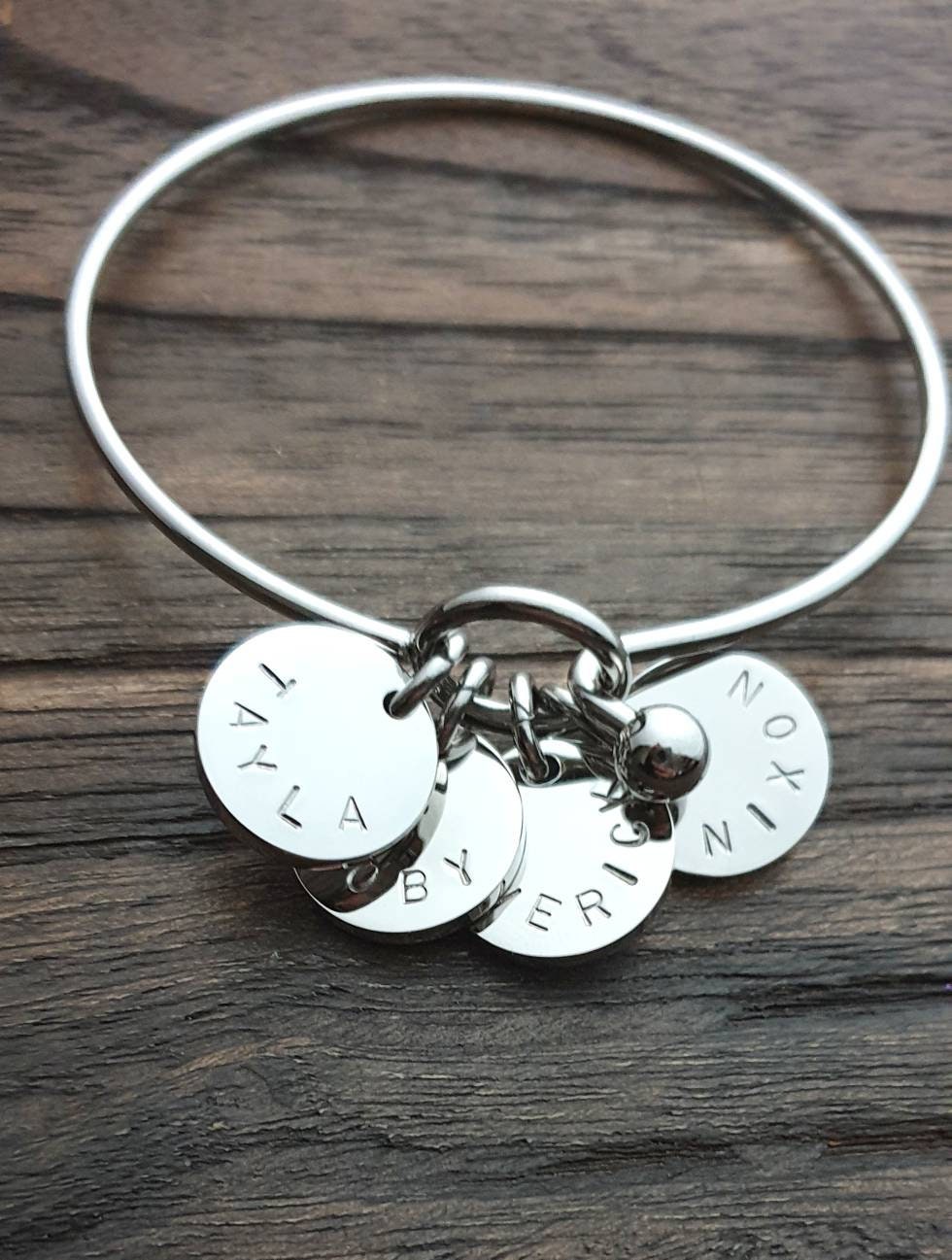 Personalised Hand Stamped Silver Bangle with Personalised Discs. Choose how many Circle Charms you need. Great Gift for Her.