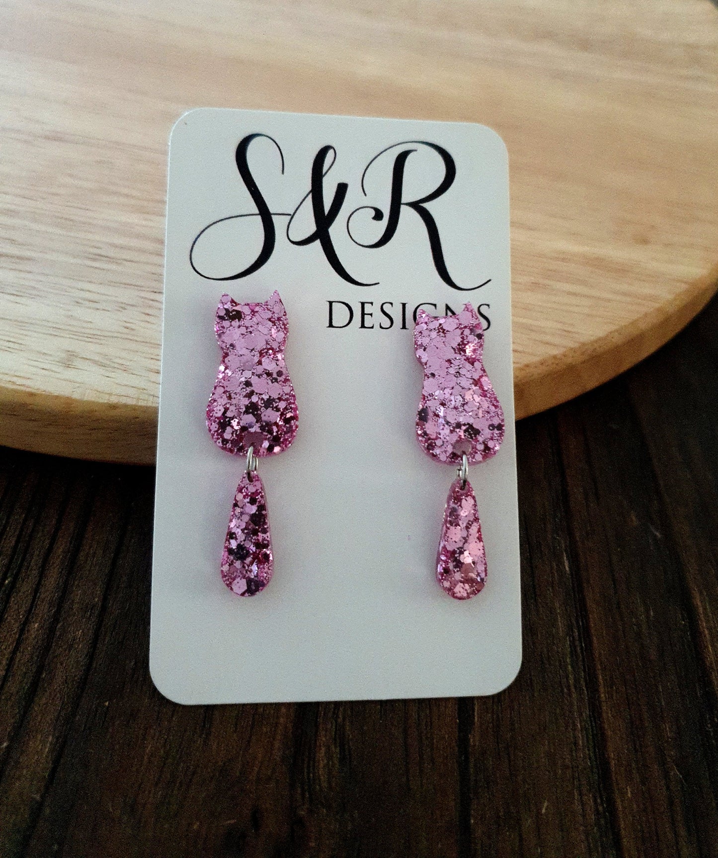 Pink Blush Cat Dangle Earrings, Cat with Moving Tail Long Earrings, Pink Glitter Handmade Resin Earrings, Cat Earrings Stainless Steel.