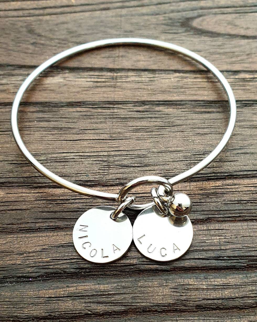 Personalised Hand Stamped Silver Bangle with Personalised Discs. Choose how many Circle Charms you need. Great Gift for Her.
