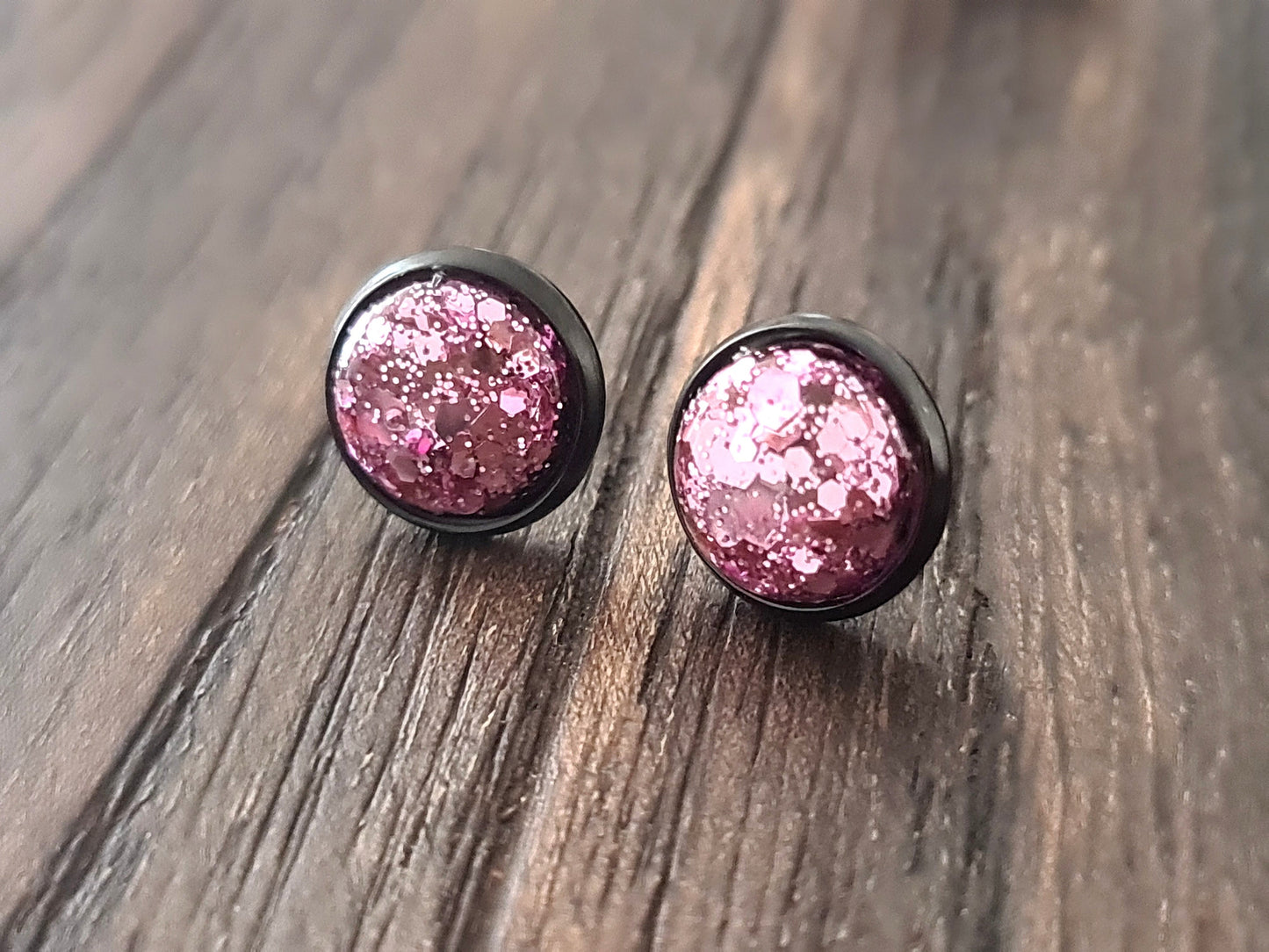 Pink Blush Glitter Stud Earrings, Black Stainless Steel Earrings 10mm