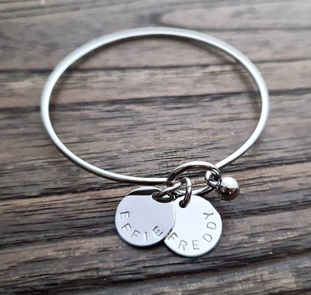 Personalised Hand Stamped Silver Bangle with Personalised Discs. Choose how many Circle Charms you need. Great Gift for Her.
