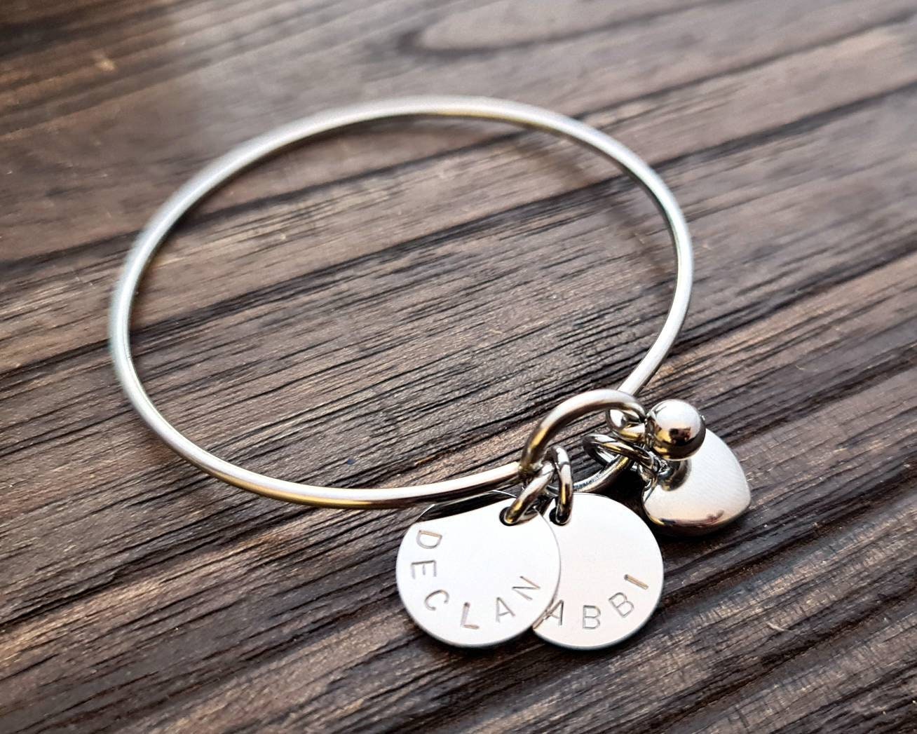 Personalised Hand Stamped Silver Bangle with Personalised Discs. Choose how many Circle Charms you need. Great Gift for Her.