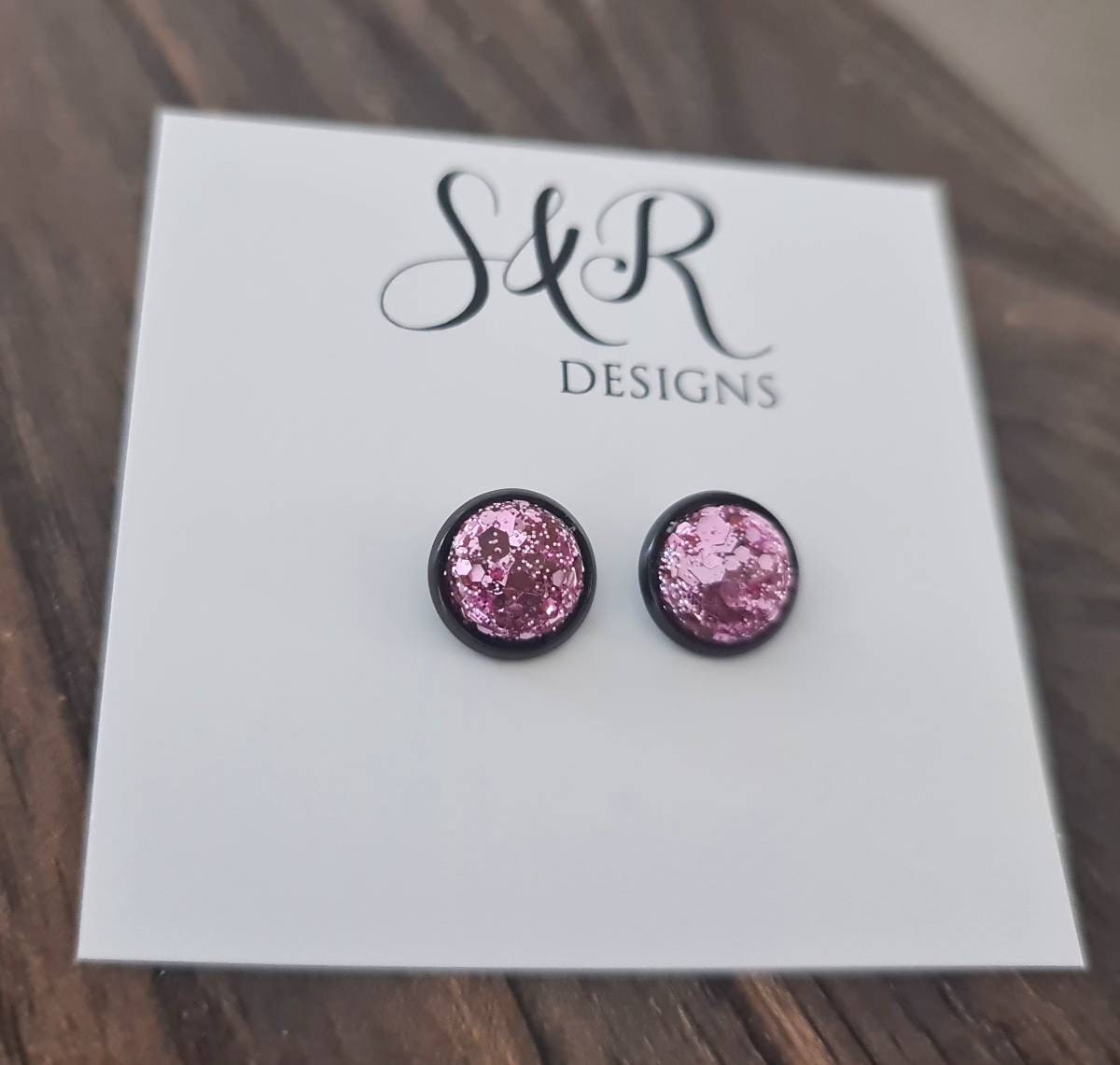 Pink Blush Glitter Stud Earrings, Black Stainless Steel Earrings 10mm