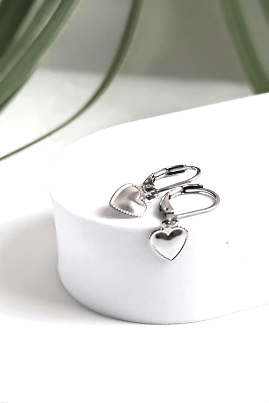 Silver Heart Earrings, Minimalist Heart Drop Earrings, Stainless Steel Dangle Drops, Choose Leverback or Hook Earwire Earrings.
