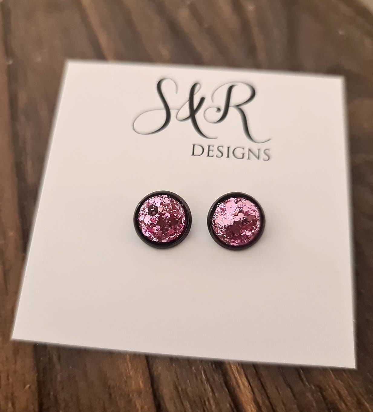 Pink Blush Glitter Stud Earrings, Black Stainless Steel Earrings 10mm