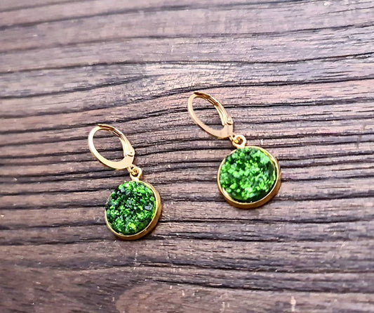 Sparkly Faux Green Druzy Gold Leverback Earrings, made of Stainless Steel 12mm