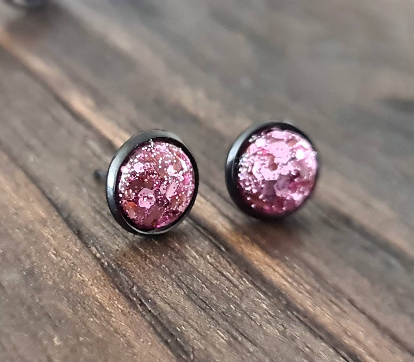 Pink Blush Glitter Stud Earrings, Black Stainless Steel Earrings 10mm