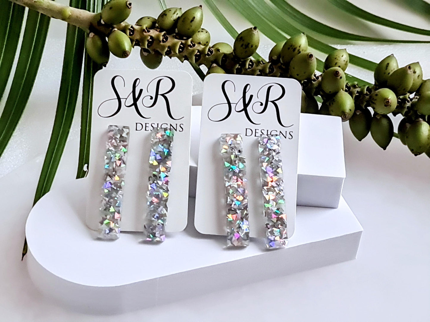 Glitter Resin Dangle Earrings, Silver Confetti Statement Earrings, Sparkly Acrylic Bar Earrings, Lightweight Party Jewelry, Unique Rectangle