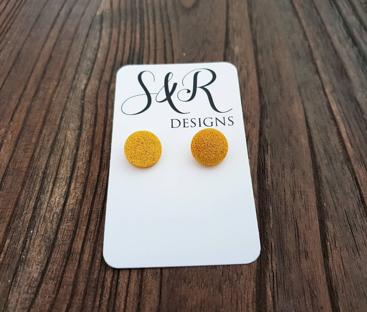 Gold Glitter Circle Stud Earrings, Acrylic Earrings, Stainless Steel Earrings.