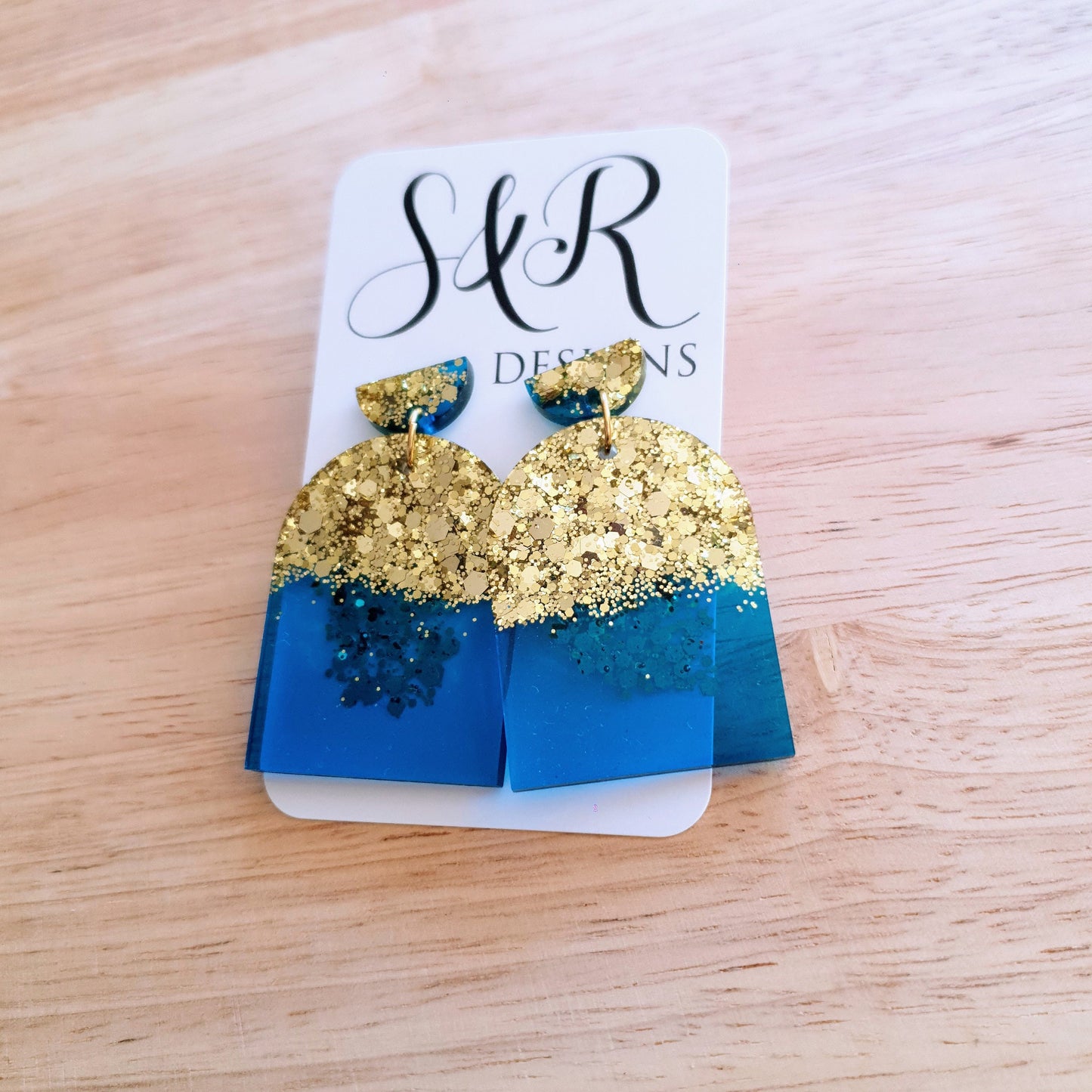 Blue Gold Drop Post Earrings, Glamour Glitter Arch Dangles, Brilliant Blue with Gold Mix Chunky Glitter Handmade Resin, Statement Earrings