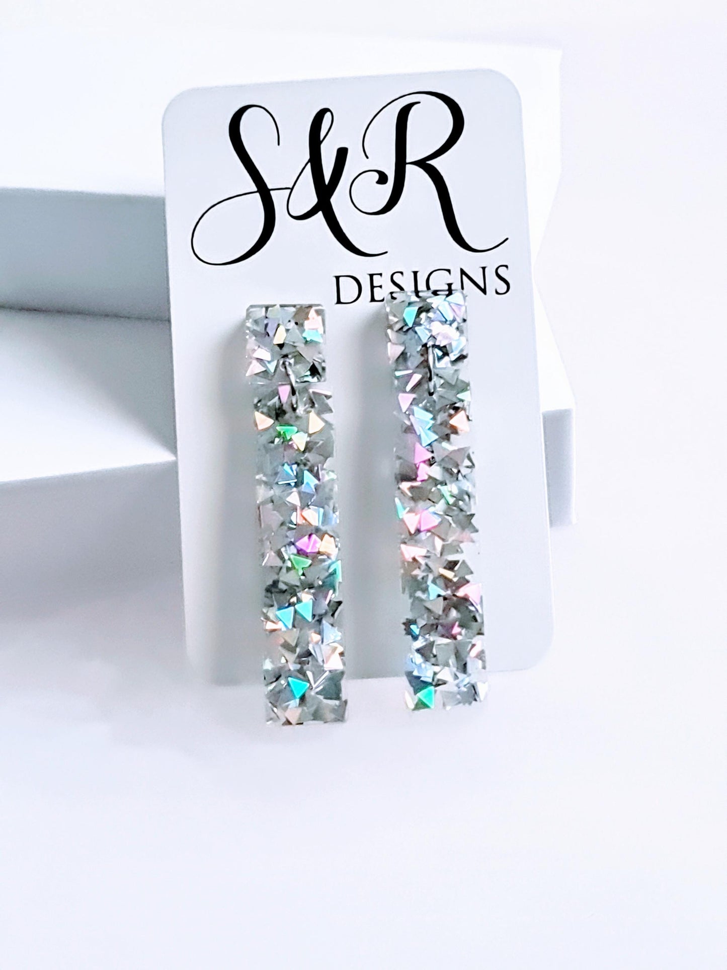 Glitter Resin Dangle Earrings, Silver Confetti Statement Earrings, Sparkly Acrylic Bar Earrings, Lightweight Party Jewelry, Unique Rectangle