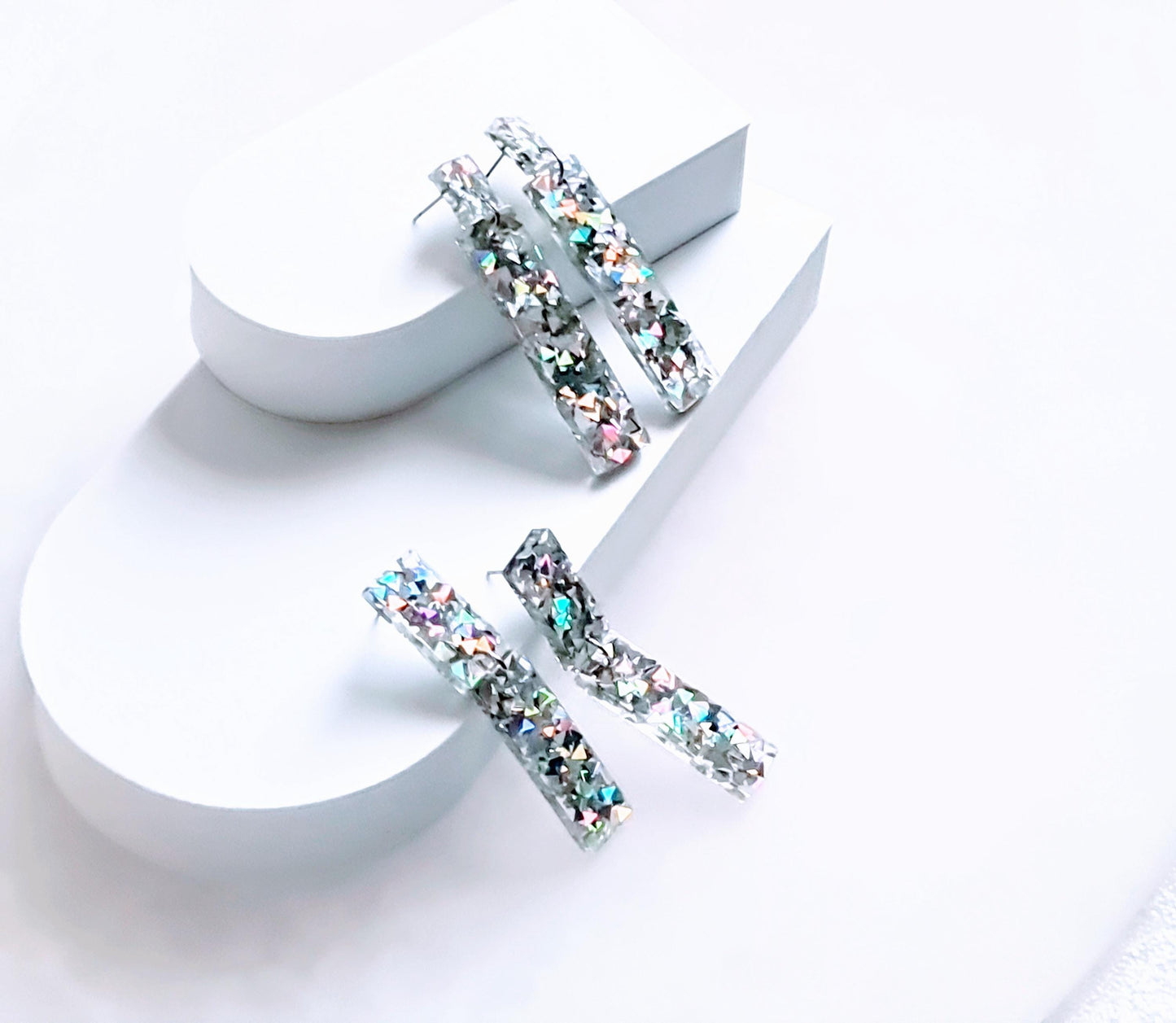 Glitter Resin Dangle Earrings, Silver Confetti Statement Earrings, Sparkly Acrylic Bar Earrings, Lightweight Party Jewelry, Unique Rectangle
