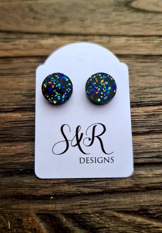 Black Circle Dot Resin Stud Earrings, Black Rainbow Glitter Earrings. Stainless Steel Stud Earrings. 12mm, 10mm or 8mm