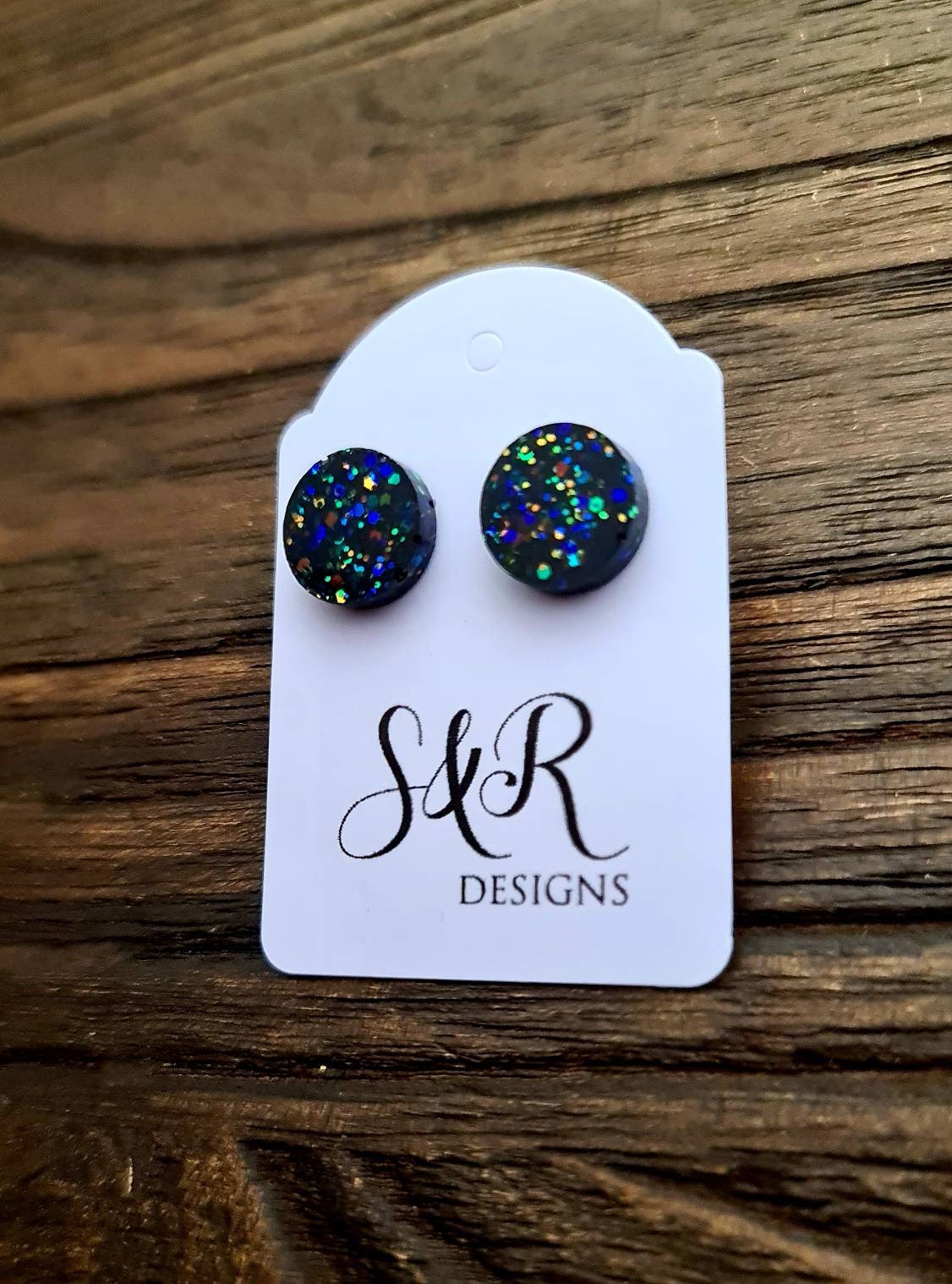 Black Circle Dot Resin Stud Earrings, Black Rainbow Glitter Earrings. Stainless Steel Stud Earrings. 12mm, 10mm or 8mm