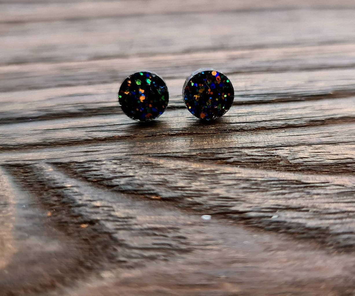 Black Circle Dot Resin Stud Earrings, Black Rainbow Glitter Earrings. Stainless Steel Stud Earrings. 12mm, 10mm or 8mm