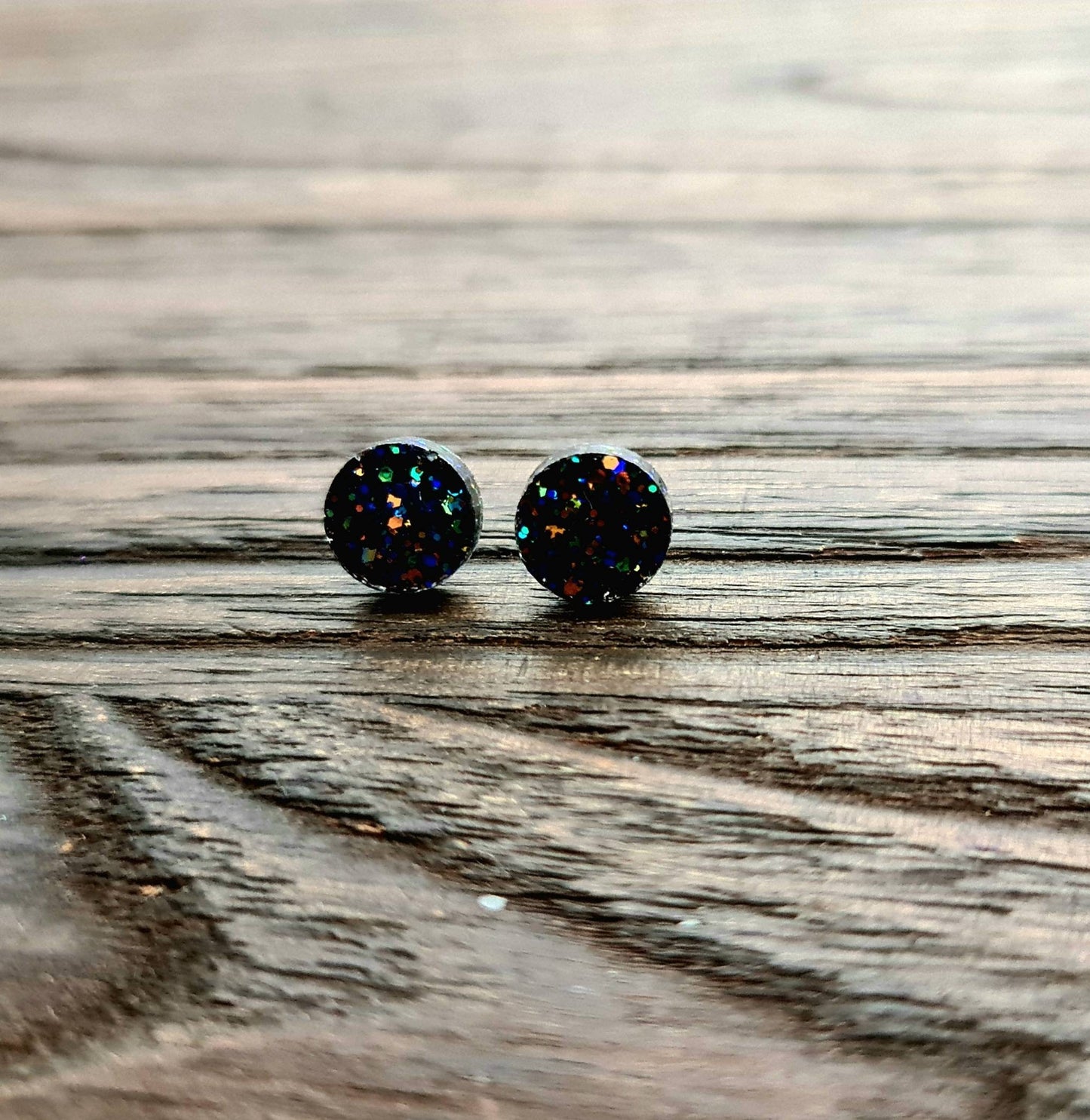 Black Circle Dot Resin Stud Earrings, Black Rainbow Glitter Earrings. Stainless Steel Stud Earrings. 12mm, 10mm or 8mm