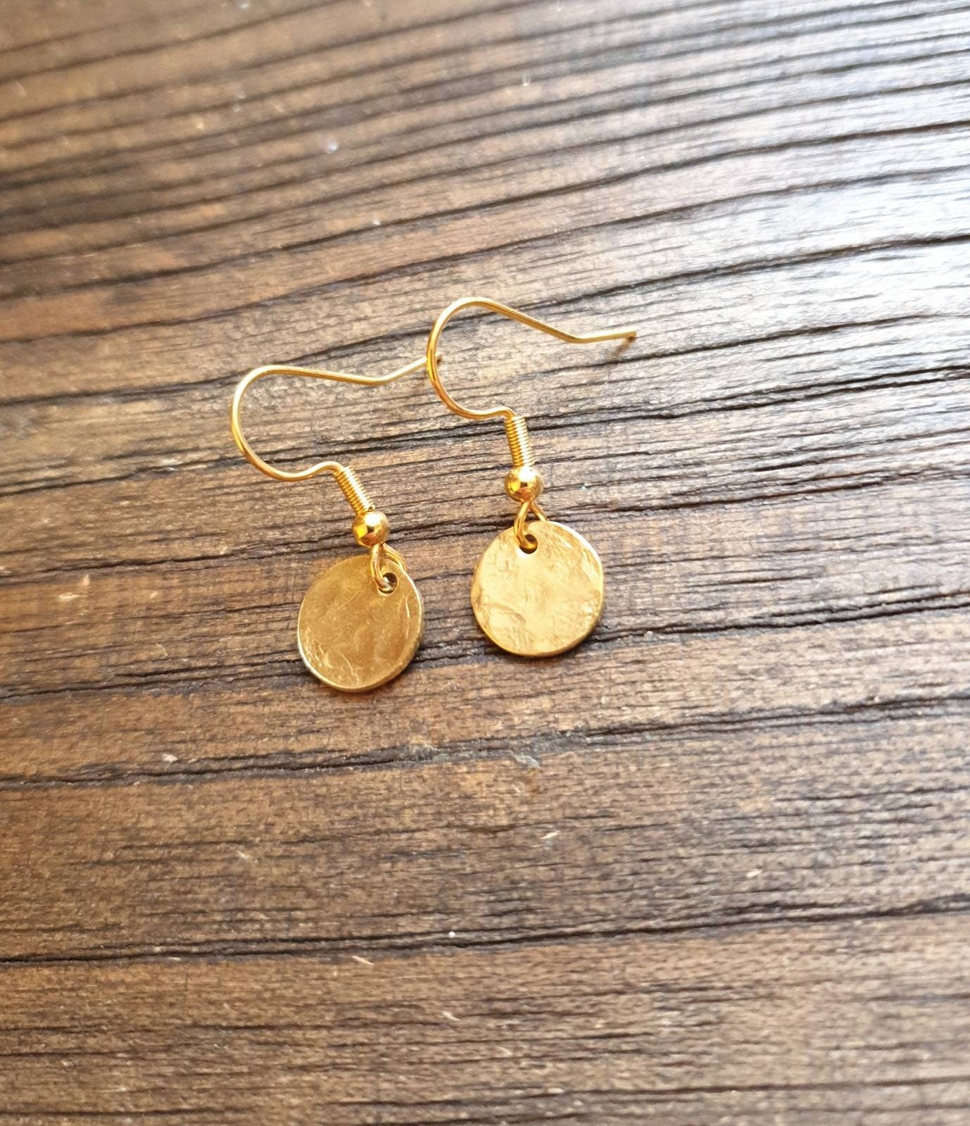 Gold Hammered Circle Disc Medium Leverback Earrings, Coin Disc Hoops, Hooks, Stainless Steel Dangle Leverback, Minimalist Earrings, 12mm