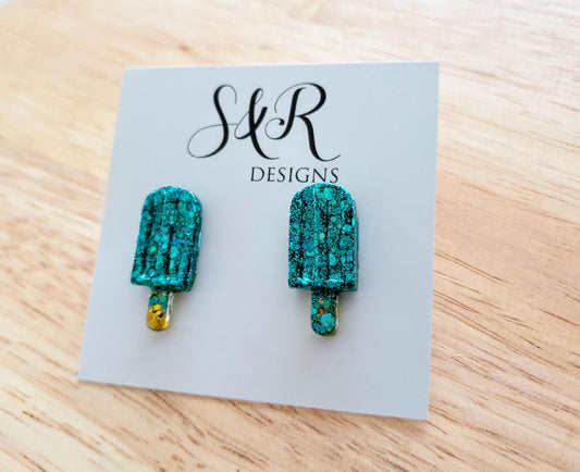 Turquoise Icy Pole Stud Earrings, Glitter Ice Cream Earrings, Statement Food Earrings