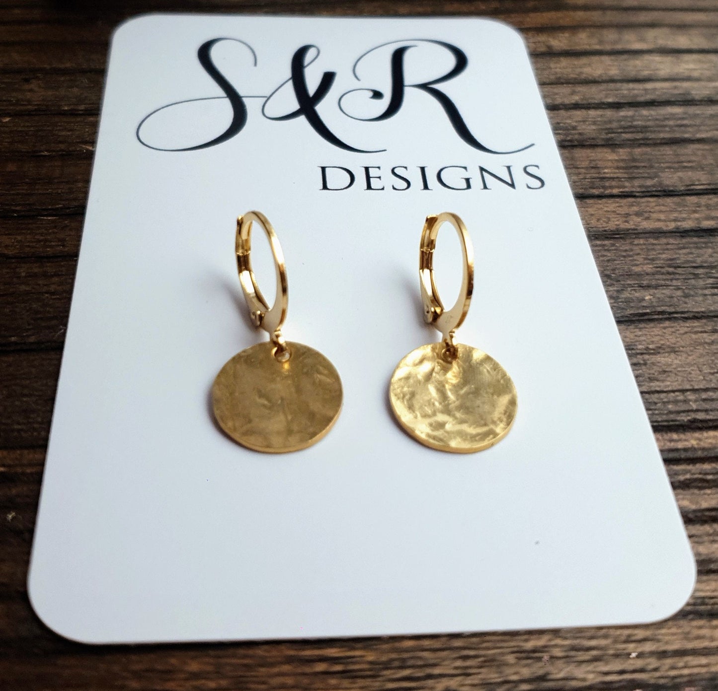Gold Hammered Circle Disc Medium Leverback Earrings, Coin Disc Hoops, Hooks, Stainless Steel Dangle Leverback, Minimalist Earrings, 12mm