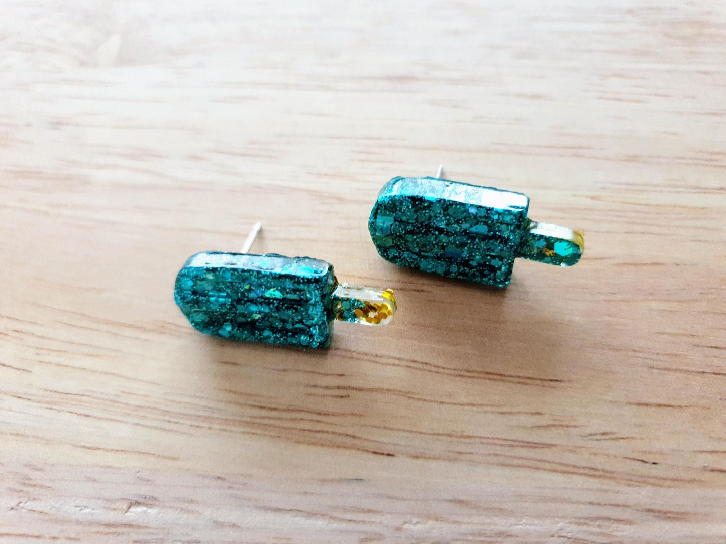 Turquoise Icy Pole Stud Earrings, Glitter Ice Cream Earrings, Statement Food Earrings