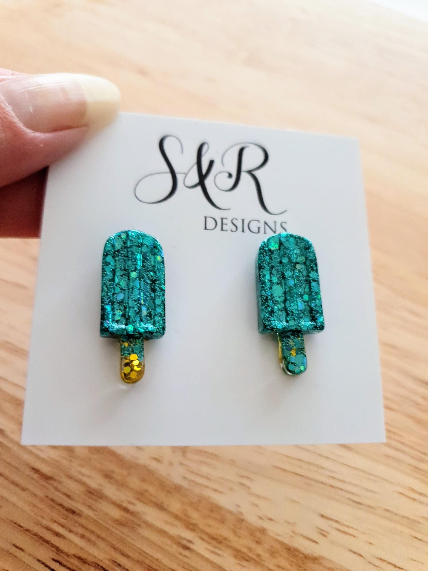 Turquoise Icy Pole Stud Earrings, Glitter Ice Cream Earrings, Statement Food Earrings