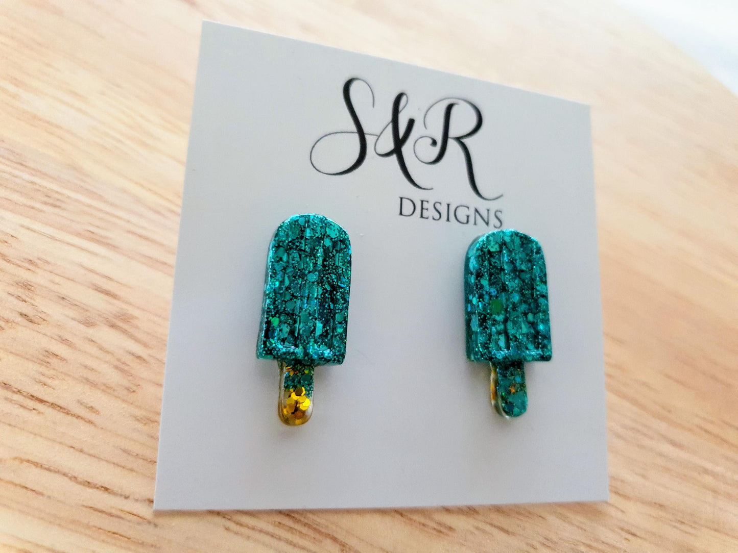 Turquoise Icy Pole Stud Earrings, Glitter Ice Cream Earrings, Statement Food Earrings