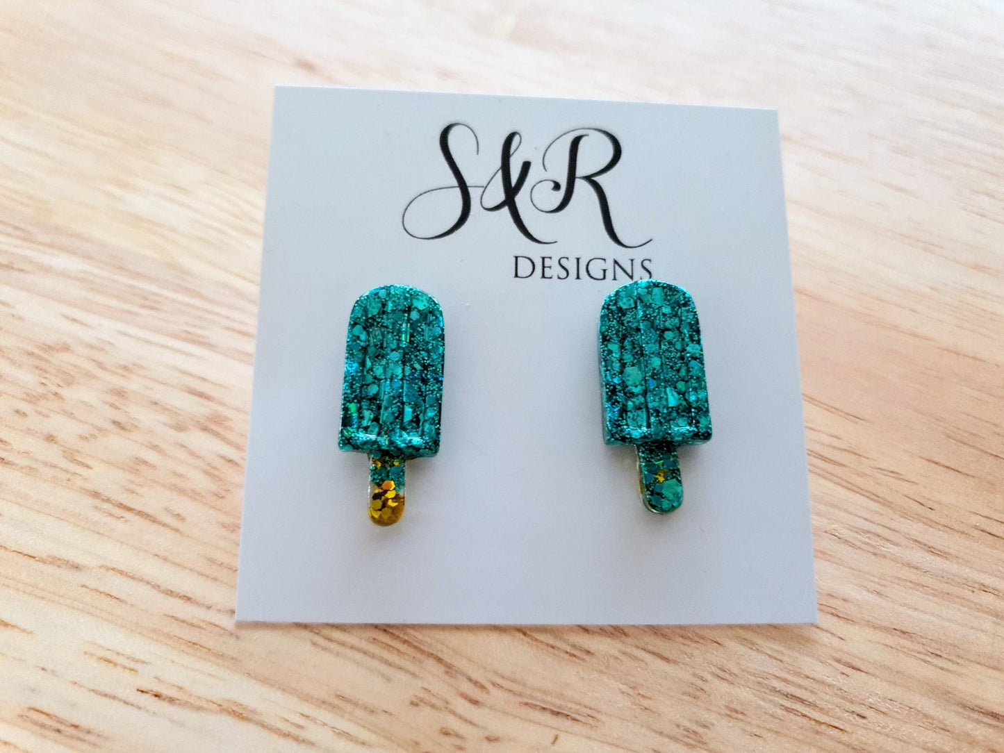 Turquoise Icy Pole Stud Earrings, Glitter Ice Cream Earrings, Statement Food Earrings