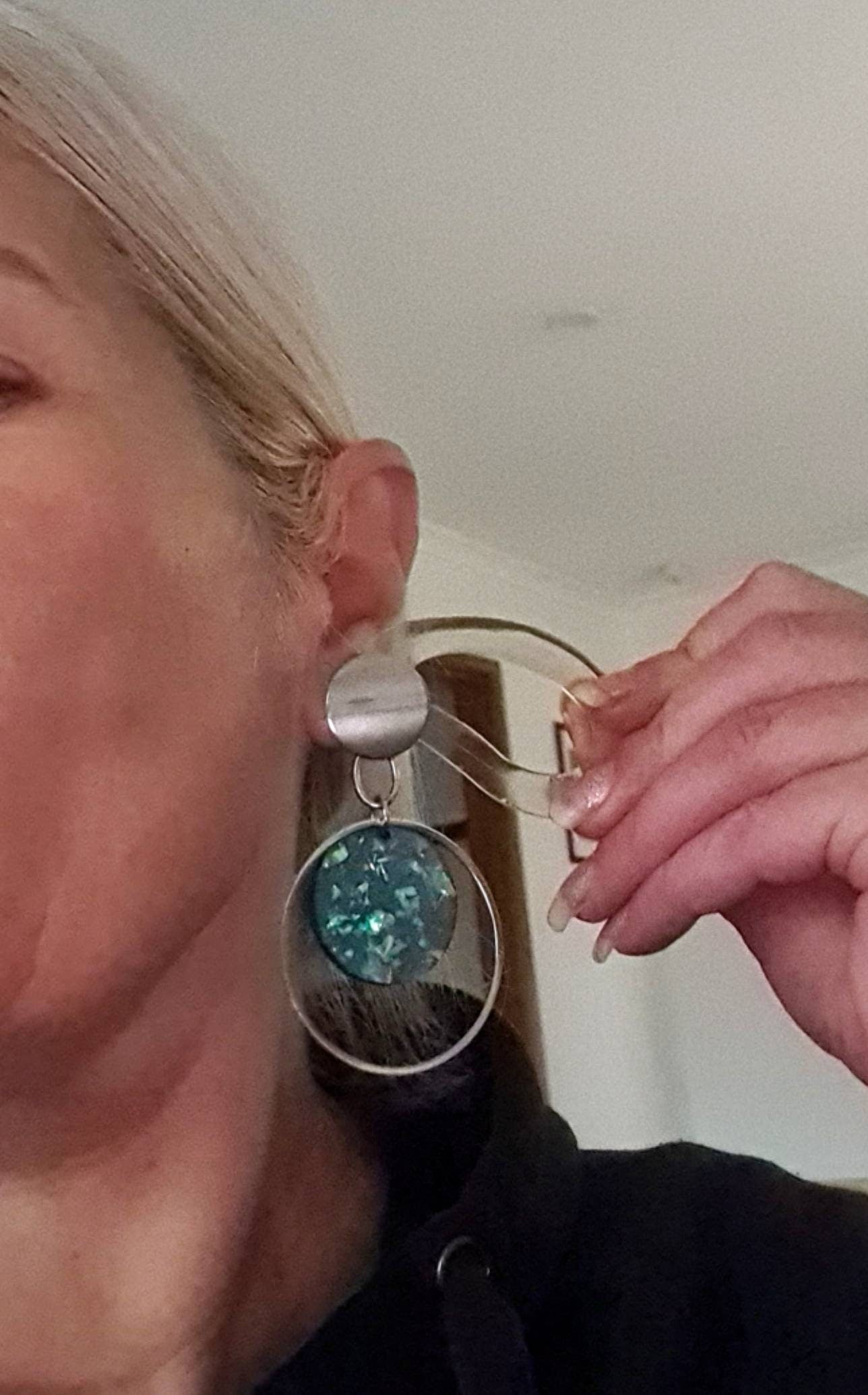 Blue Opal Oversized Stainless Steel Dangles, Statement Faux Opal Glitter Earrings