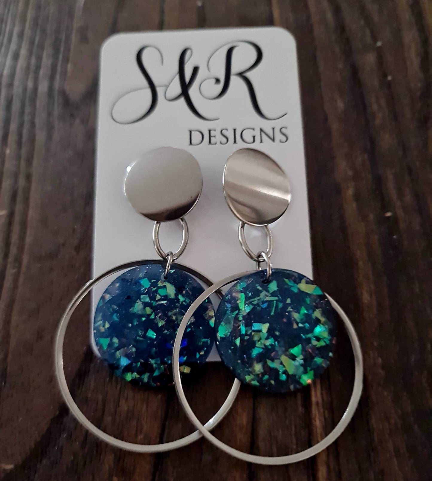 Blue Opal Oversized Stainless Steel Dangles, Statement Faux Opal Glitter Earrings