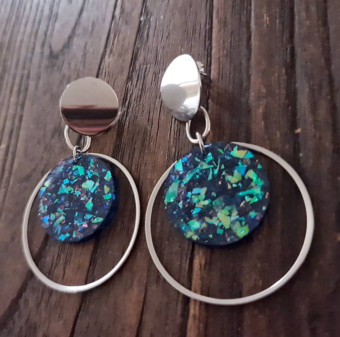 Blue Opal Oversized Stainless Steel Dangles, Statement Faux Opal Glitter Earrings