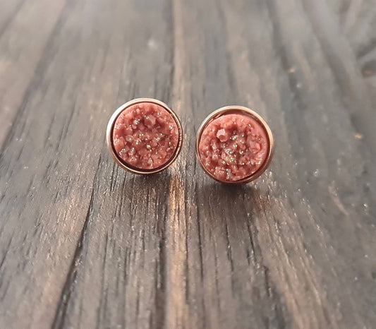 Bronze Faux Druzy Rosegold Stud Earrings, Rosegold Stainless Steel Earrings 12mm