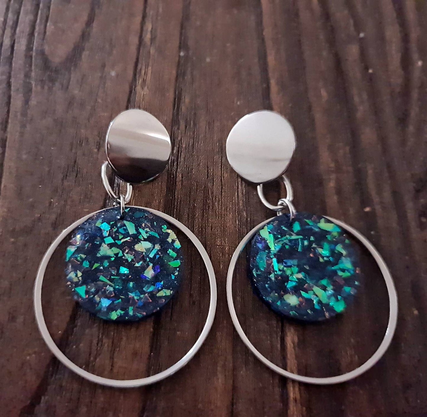 Blue Opal Oversized Stainless Steel Dangles, Statement Faux Opal Glitter Earrings