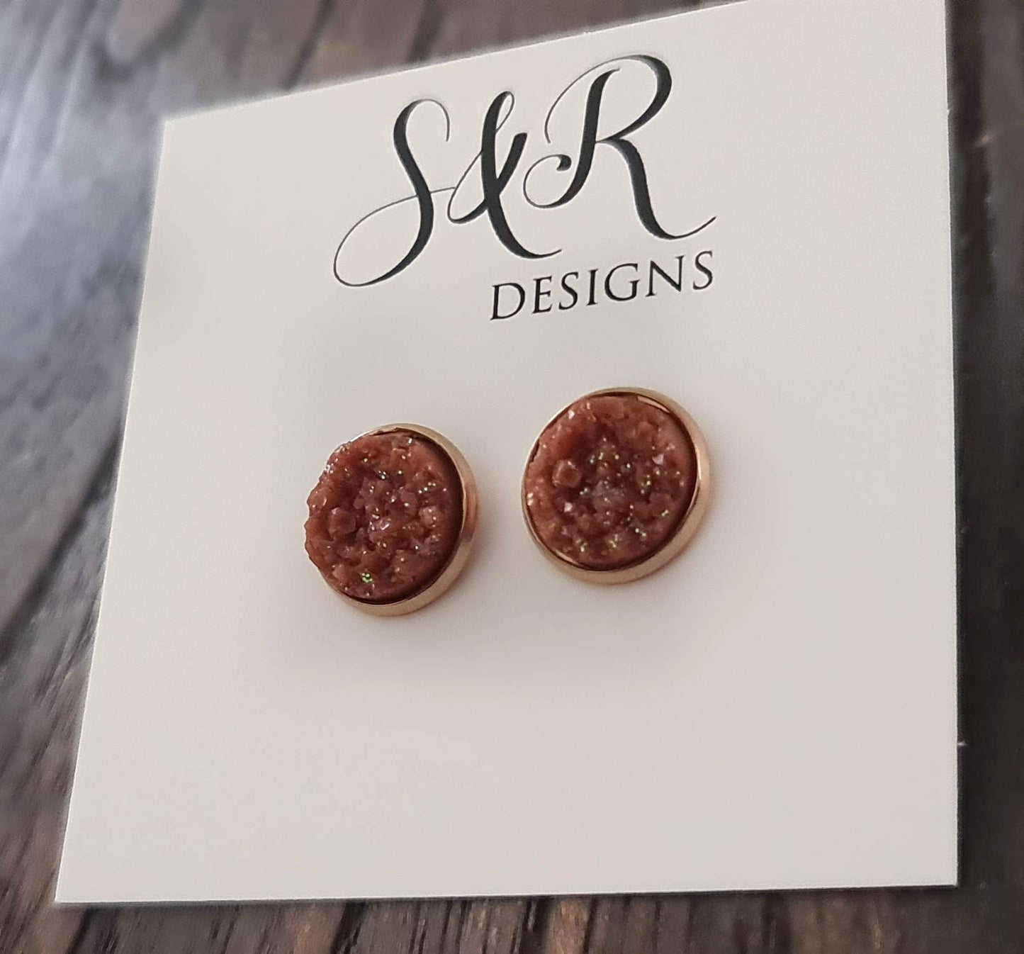 Bronze Faux Druzy Rosegold Stud Earrings, Rosegold Stainless Steel Earrings 12mm