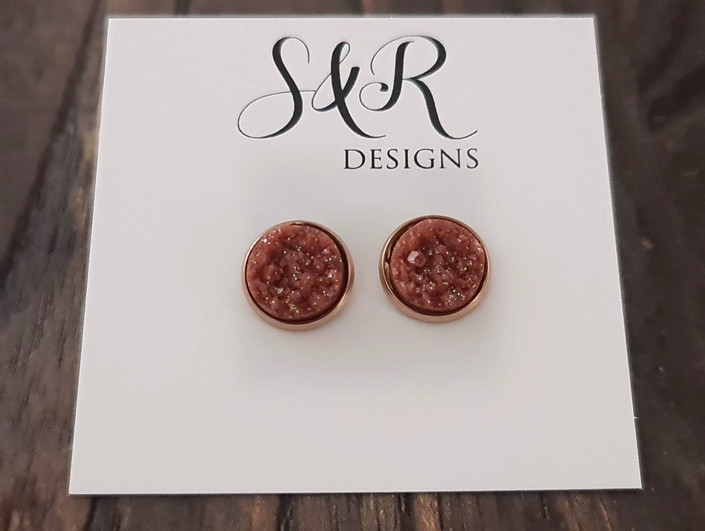 Bronze Faux Druzy Rosegold Stud Earrings, Rosegold Stainless Steel Earrings 12mm