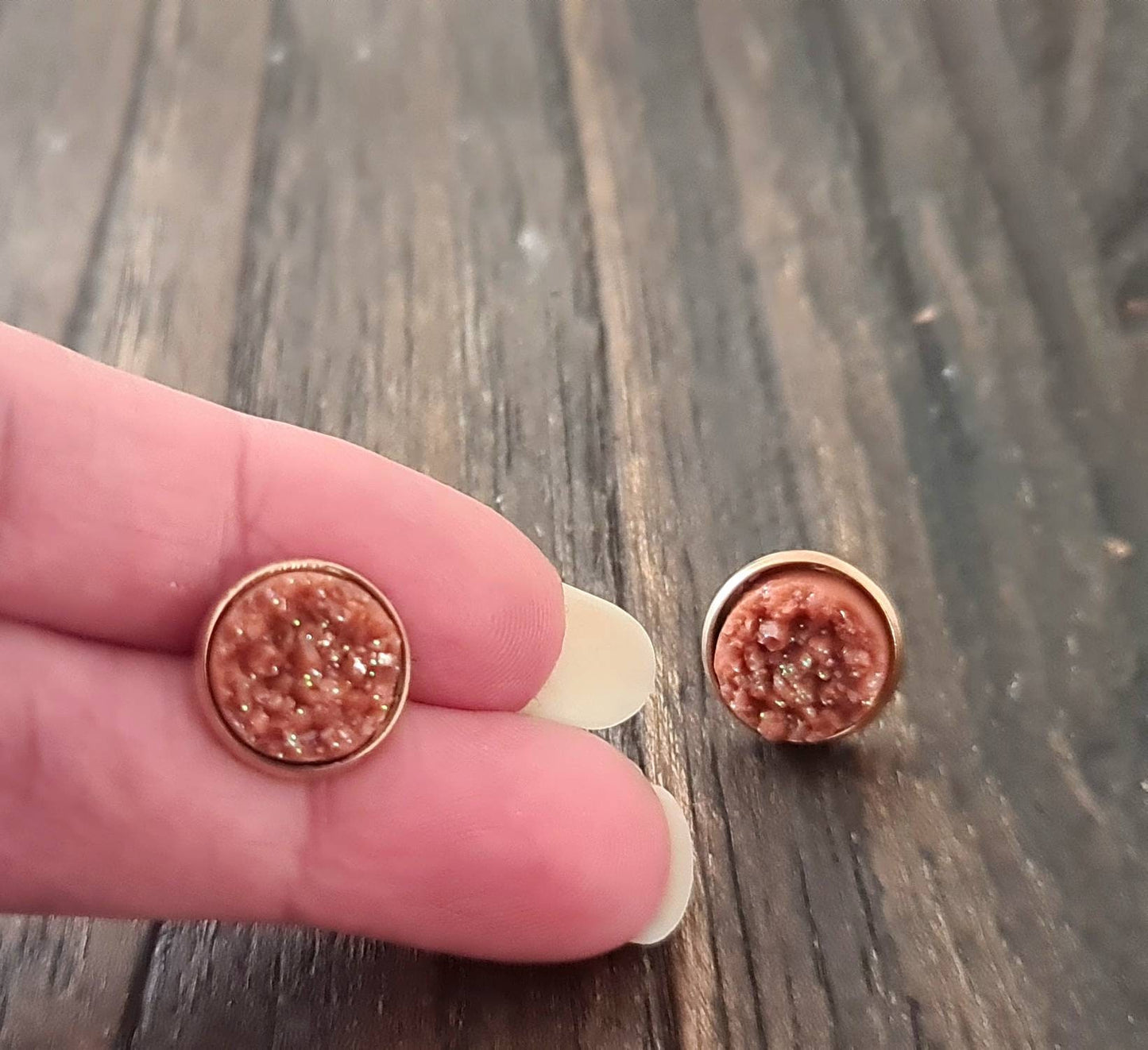 Bronze Faux Druzy Rosegold Stud Earrings, Rosegold Stainless Steel Earrings 12mm