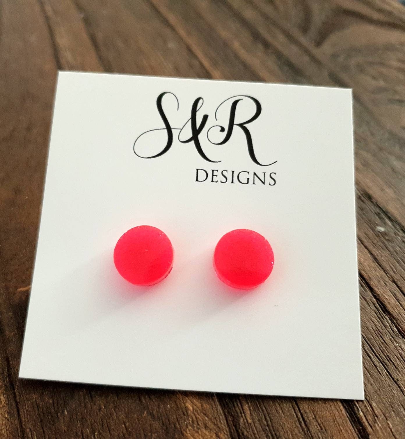 Neon Pink Circle Dot Resin Stud Earrings, Neon Fine Glitter Earrings. Stainless Steel Minimalist Studs. 15mm, 12mm, 10mm or 8mm